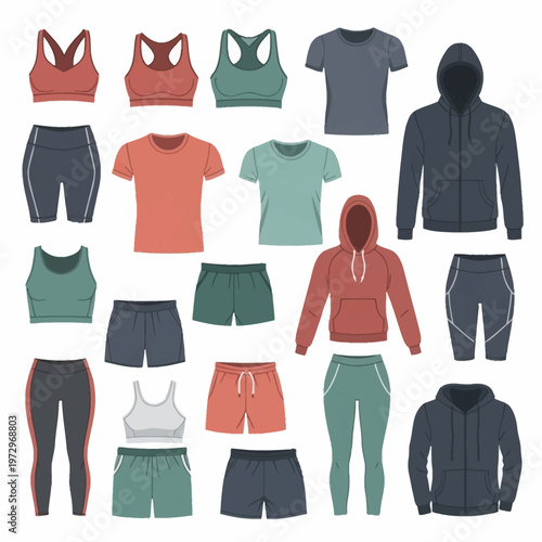 Collection of athletic apparel including sports bras, pullover hoodies, t-shirts, gym shorts, leggings, and bike shorts in teal, coral, and navy blue tones, isolated on white.