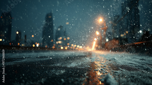 Snowy urban street at night with falling snow and blurred car lights