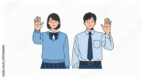 A teenage boy and girl in school uniforms stand next to each other while waving their hands with friendly expressions on a white background.