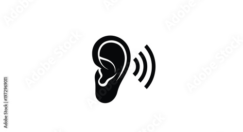 Simple black silhouette of a human ear with sound waves emanating outward