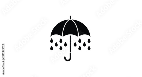A black silhouette of an open umbrella with raindrops falling below