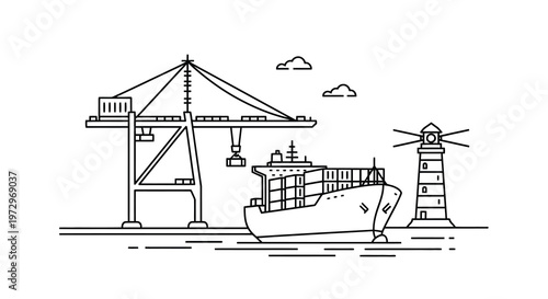 Linear illustration of a cargo ship lighthouse and port crane