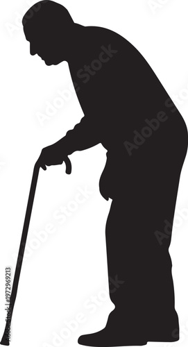 Black silhouette of elderly man leaning on cane walking stick