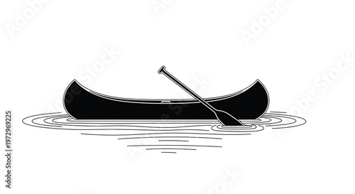 Simple black and white illustration of a canoe with a single paddle