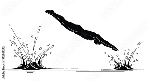 A swimmer dives into water creating a splash with a black silhouette
