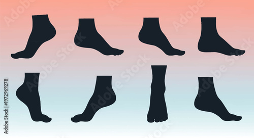 Collection of eight black silhouettes of human feet and ankles shown from various side profiles and a front view, set against a soft orange and light blue gradient background.