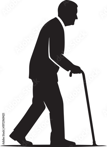 Black silhouette of elderly man walking with cane person