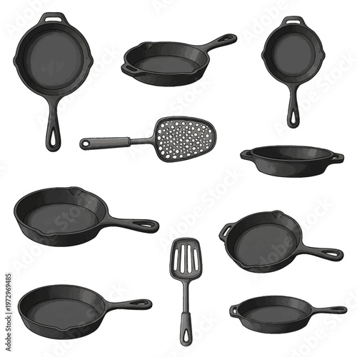 Vintage cast iron skillet and kitchen utensil set on white. Hand-drawn illustrations of black frying pans, a slotted turner, and skimmer with textured stipple shading and multiple perspectives.