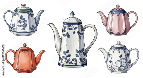 Set of five watercolor illustrations of vintage ceramic teapots and coffee pots featuring blue botanical leaf patterns, terracotta orange, and pink glazes on a white background.