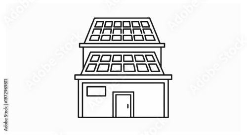 A black and white line illustration depicts a two-level structure with multiple solar panels angled on the roof sections to capture sunlight for renewable energy production.