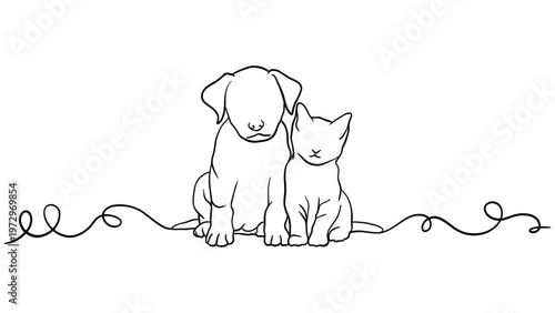 Cute Dog and Cat Duo Friendship Line Art Illustration