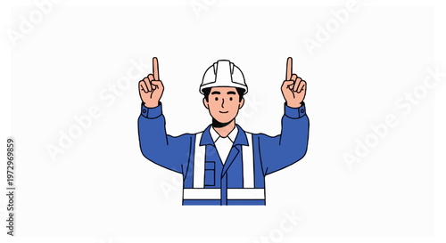 A male construction worker wearing a white safety helmet and blue reflective vest points both index fingers toward the top of the frame against a white background.