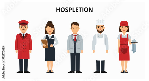 Five diverse hospitality workers in professional uniforms including a doorman a receptionist a manager a chef and a waitress stand in a line on a white background.