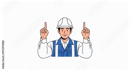 A smiling male worker in a blue industrial uniform and white hard hat points both index fingers upward toward a blank white space in a flat illustration.
