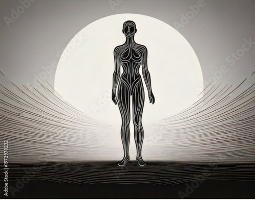 Futuristic robot standing against a large sun in a desolate landscape.