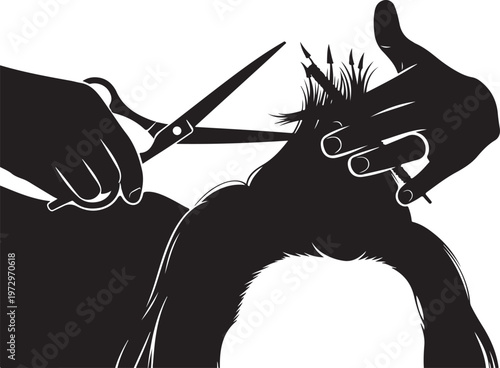 Black silhouette of hands cutting hair with scissors