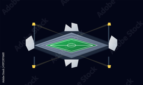 Hand-drawn isometric football stadium featuring a green grass field lit by floodlights on a dark background authentic illustration