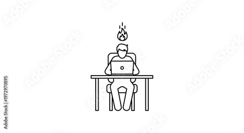 Man working on laptop with head on fire simple line drawing
