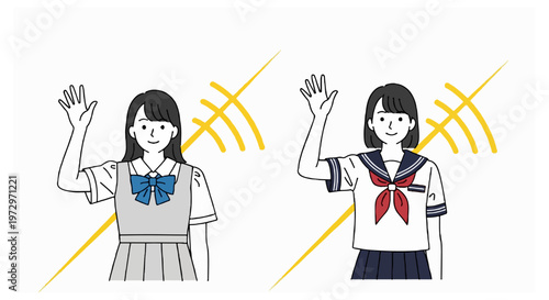 Two students wearing different styles of Japanese school uniforms raise their hands to wave while standing in front of abstract yellow electric line patterns.