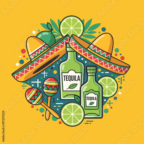 Mexican Tequila, Sombrero and Maracas Illustration
