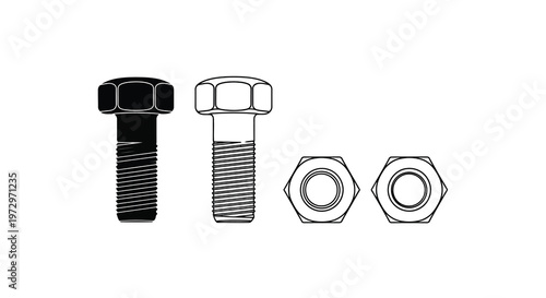 Black and white illustration of bolts nuts and fasteners