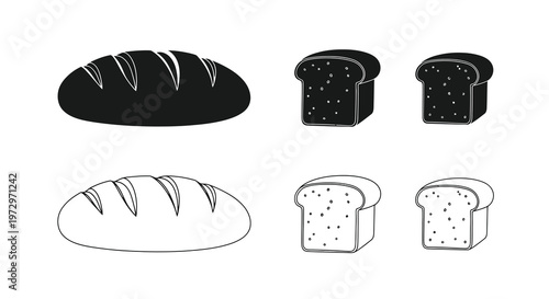 Black and white illustration of various loafs of bread in different styles