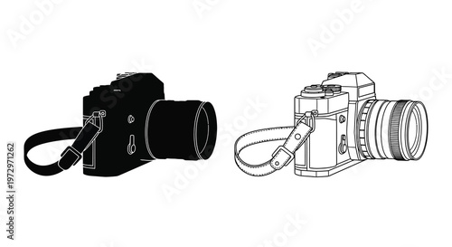 Line art depiction of two vintage rangefinder cameras with straps