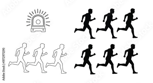 Silhouettes of people running from a police car with flashing lights