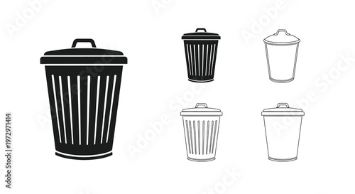 Four variations of trash cans depicted in black and white line art