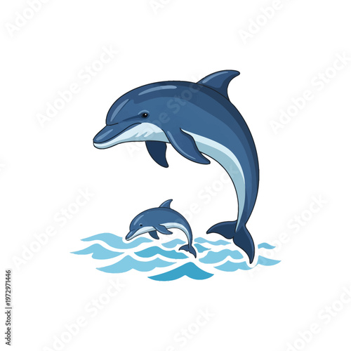 Vector illustration of an adult blue bottlenose dolphin and a small calf leaping together out of stylized ocean waves, isolated on a white background for aquatic marine life designs.