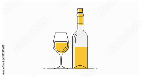 A minimalist line art illustration depicts a wine bottle with a cork and a partially filled wine glass containing yellow liquid on a white background.