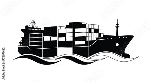 Stylized black and white illustration of a large container ship at sea