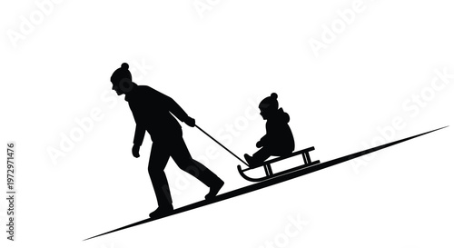 A silhouetted father pulls a child on a sled through winter snow