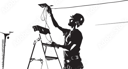 Worker on ladder installing security camera system