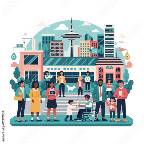 Flat vector illustration of a diverse community featuring multi-ethnic people, children, professionals, and a person in a wheelchair in front of a modern urban city skyline with skyscrapers.
