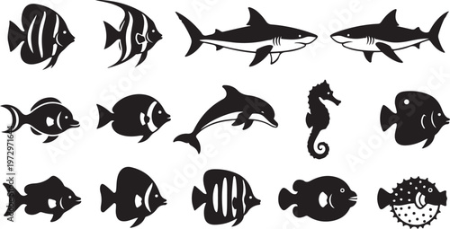 Black silhouettes of various ocean fish species