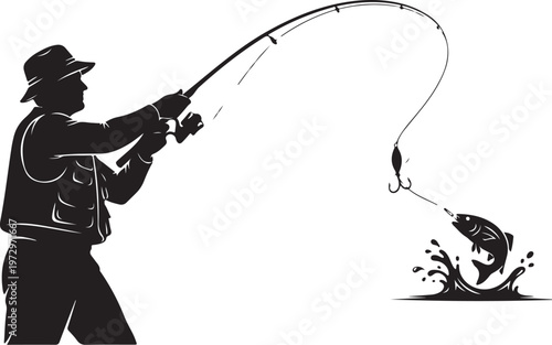 Black silhouette of man catching fish with rod and hook