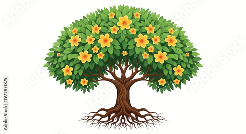 Stylized vector illustration of a blossoming tree featuring a dense green leaf canopy, yellow five-petaled flowers, thick textured brown trunk, and visible root system isolated on white.