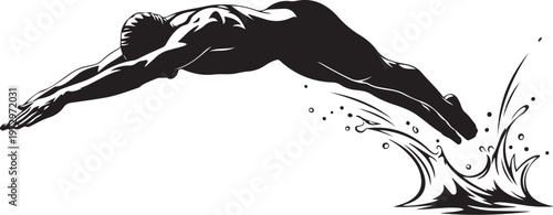 Black silhouette of man diving into water swimming