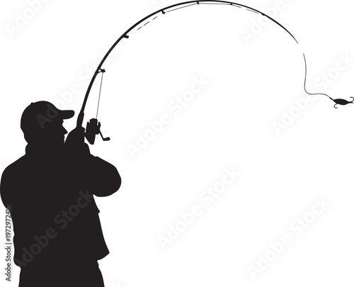 Black silhouette of man fishing with bent rod fisherman