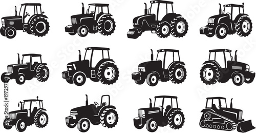 Various Tractor Silhouettes in Black and White