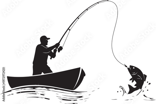 Black silhouette of man fishing from boat with large fish on hook