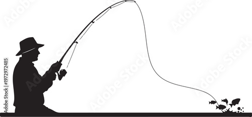 Black silhouette of man fishing with hat and rod