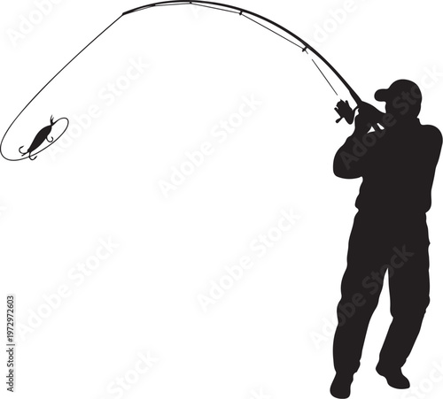 Black silhouette of man fishing with rod and lure