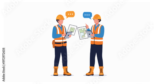 Two construction workers with safety gear collaborating on a plan.