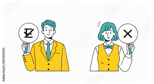 Man and woman in yellow blazers holding yes and no circular signs.