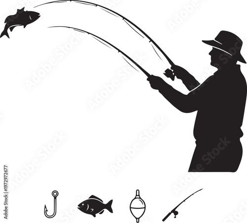 Black silhouette of man fishing with rod and tackle
