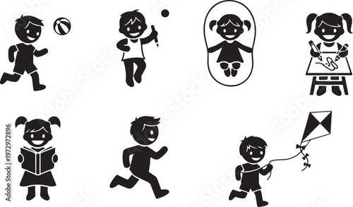 Black silhouette children icons, kids playing, school, activities, vector graphics
