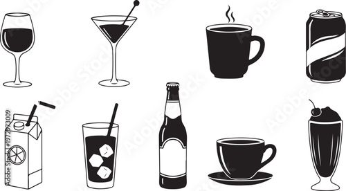 Various drinks and beverages in black icons