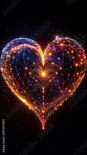 Digital heart illustration composed of glowing lines and points, emanating light against a dark background. It conveys love, connection